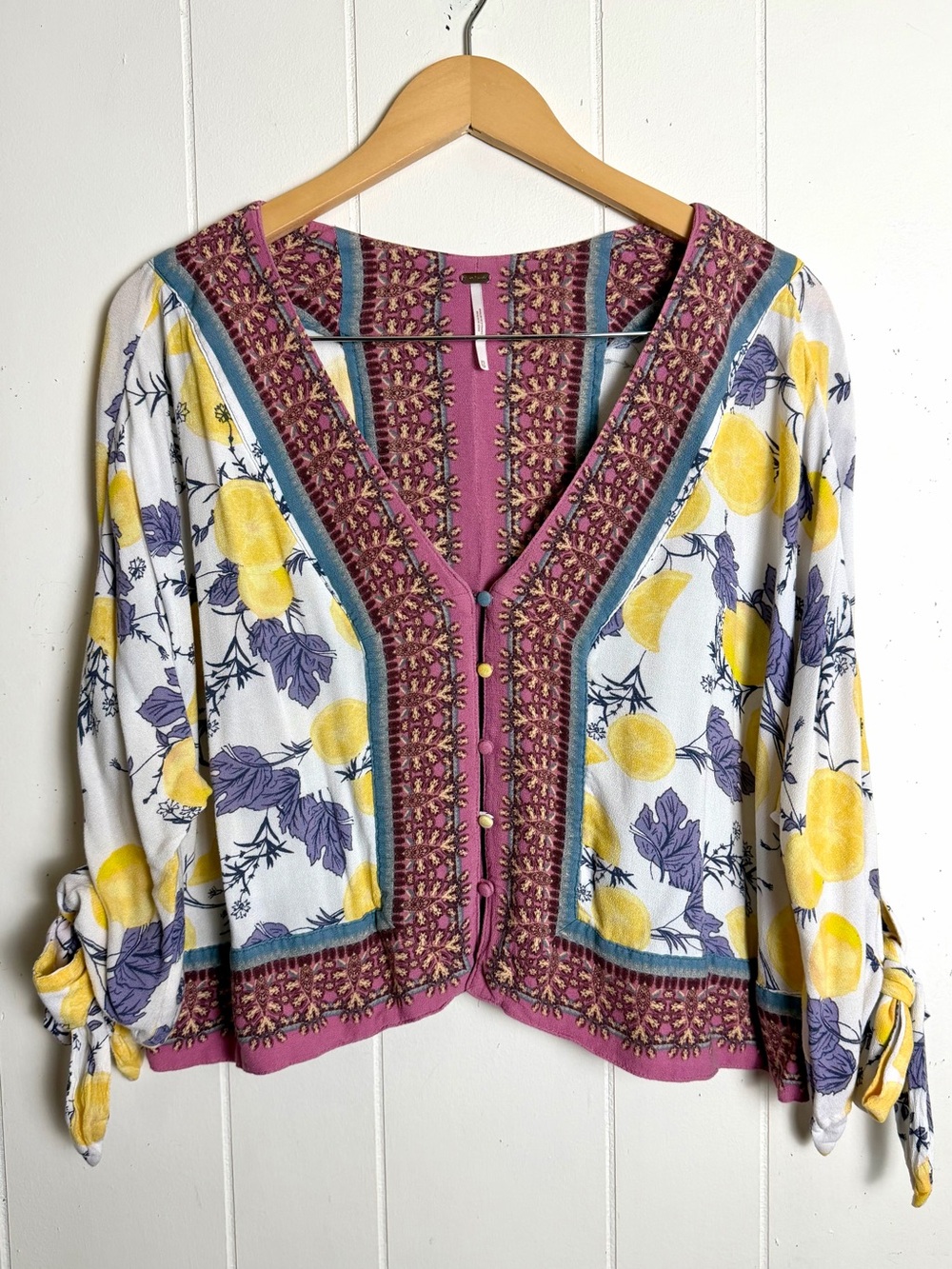 Free People Oversized Rayon Tie Sleeve Lemon & Floral Blouse size XS